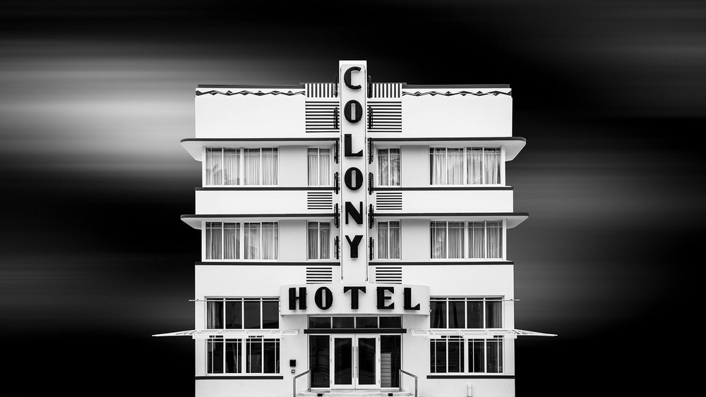 balck and white of a hotel in florida