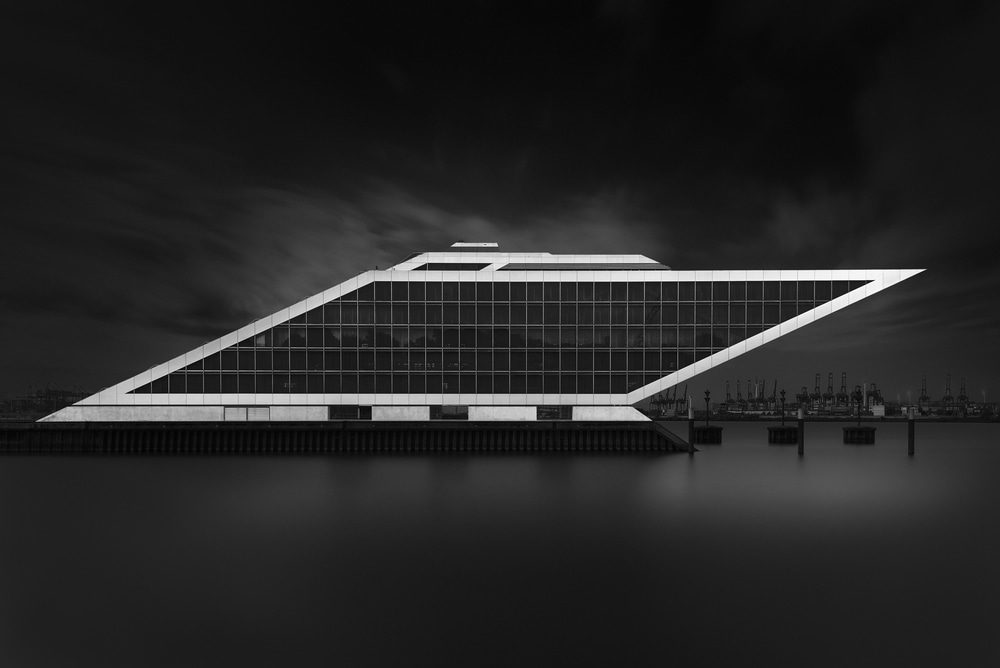 black and white photo of an abstract building