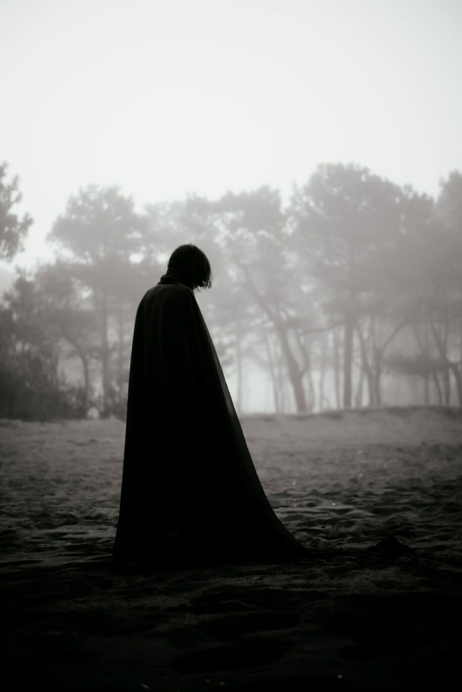 Dark silhouette of a woman in a dress in front of a foggy background of a forest.  