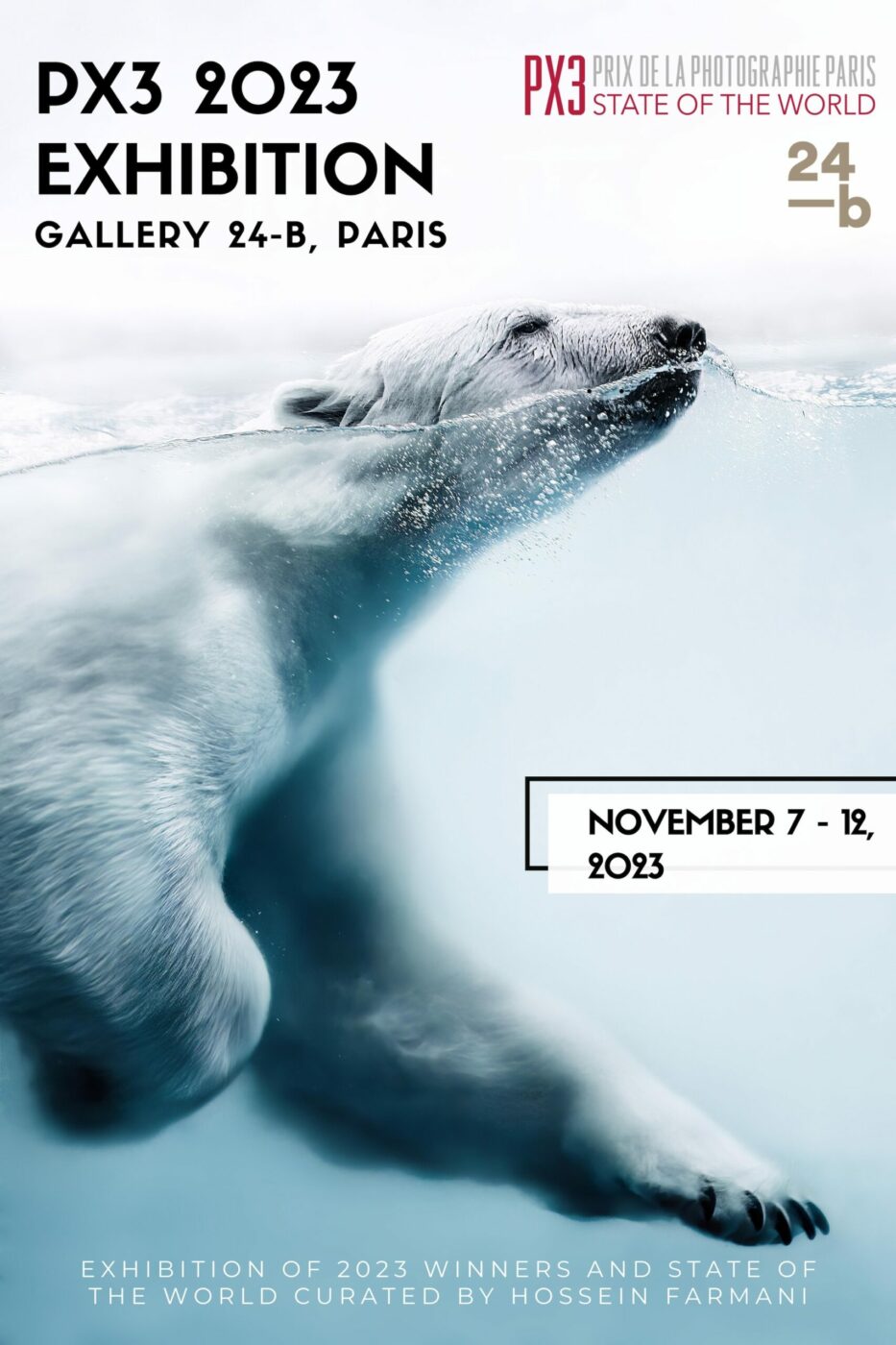 Poster for 2023 Px3 Exhibition featuring a close up of a swimming polar bear.